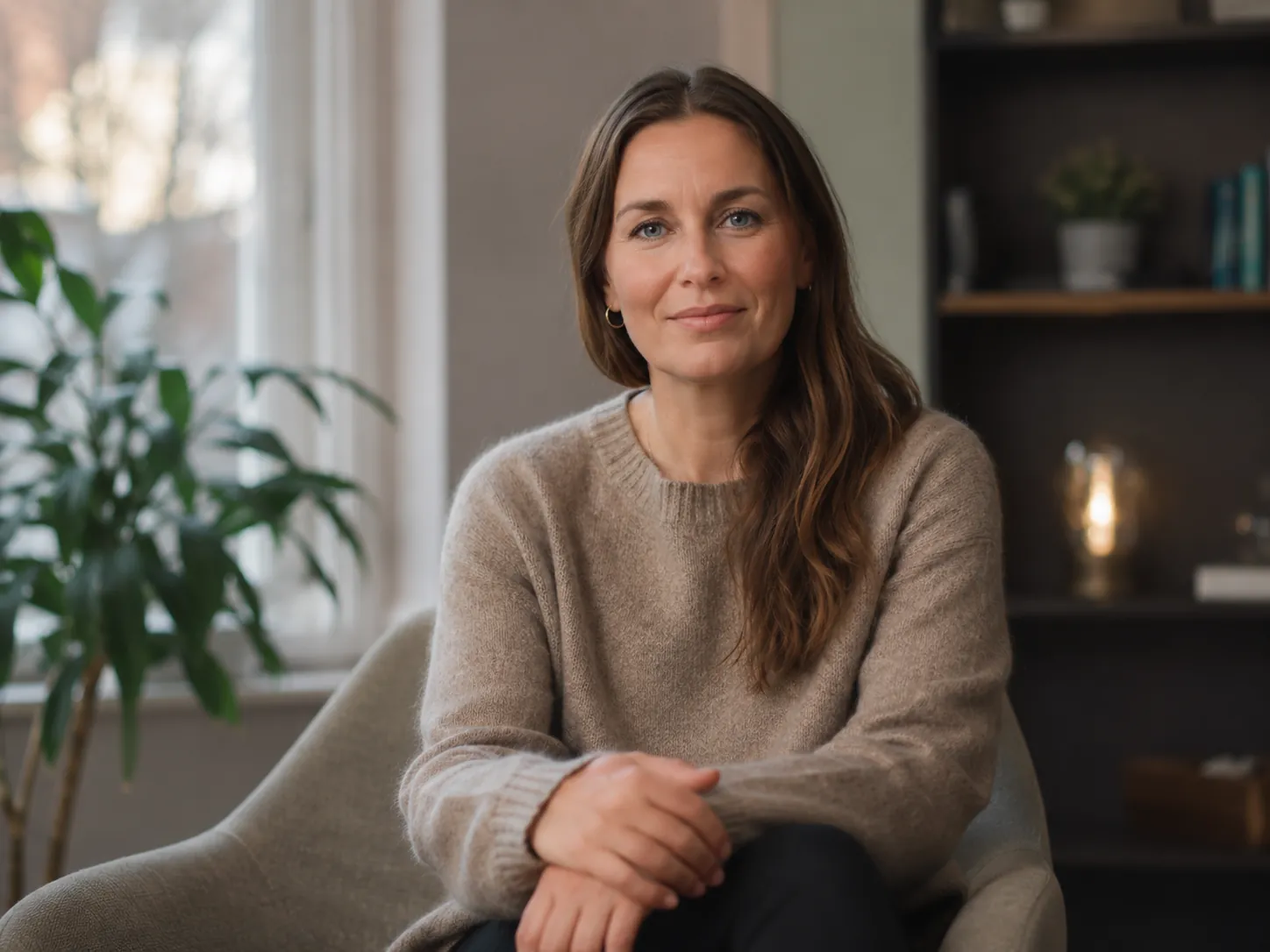 Kvinne med brunt hår i beige genser sitter rolig i en lenestol i en lys, hjemlig stue