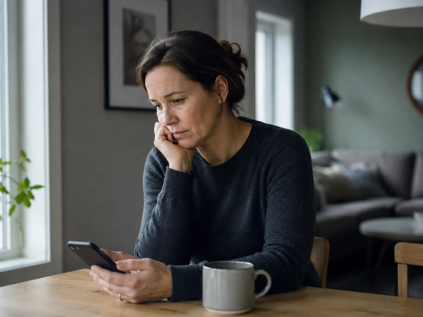 Bekymret kvinne i mørk genser sitter ved kjøkkenbord, støtter hodet i hånden og ser ned på mobiltelefon. Kaffekopp foran.