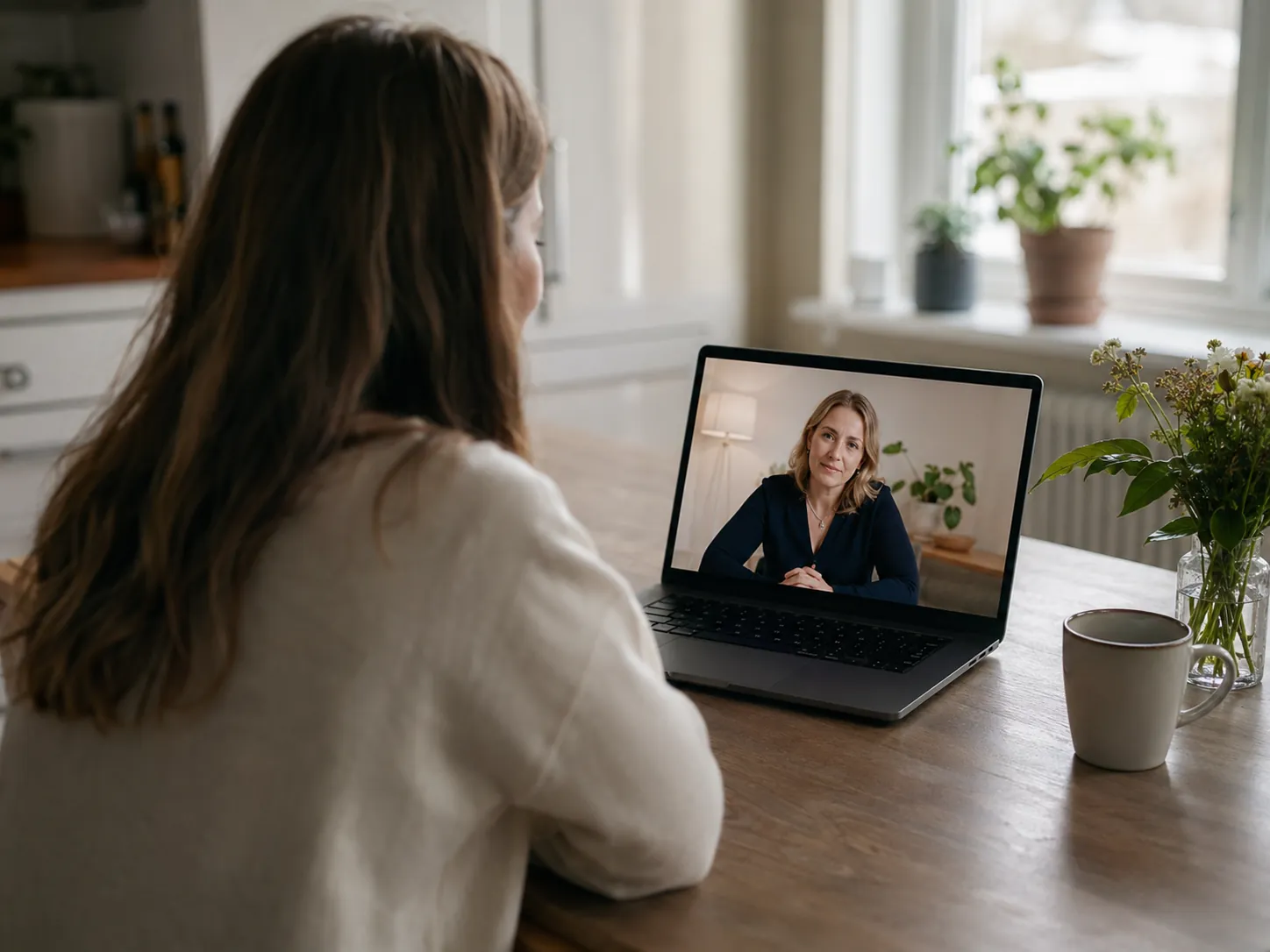 Kvinne sett bakfra sitter ved kjøkkenbord og har videosamtale med en annen kvinne på bærbar PC
