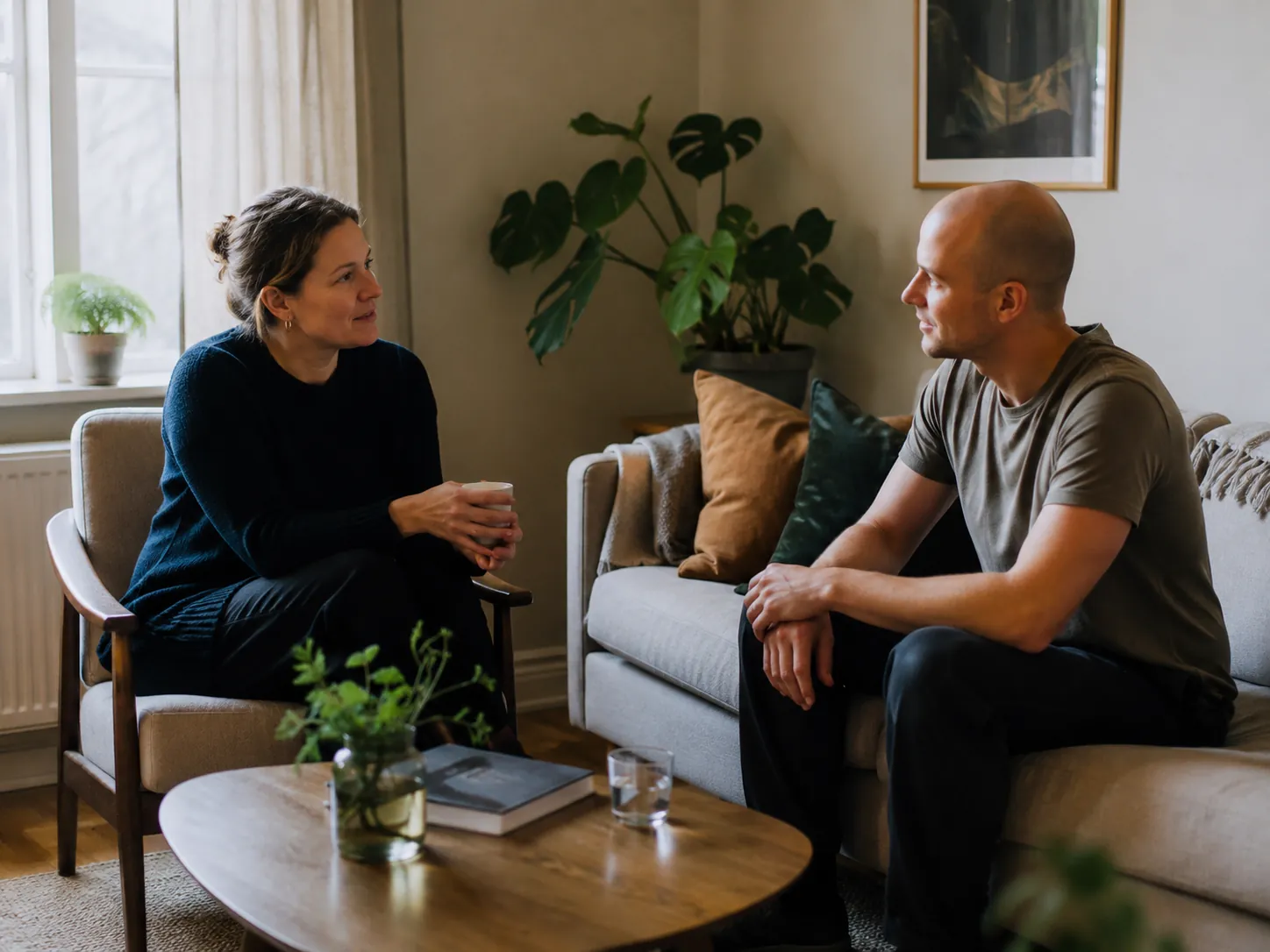 Kvinne i lenestol og mann i sofa snakker sammen i en lys, hjemmelig stue med planter og kaffebordbøker.